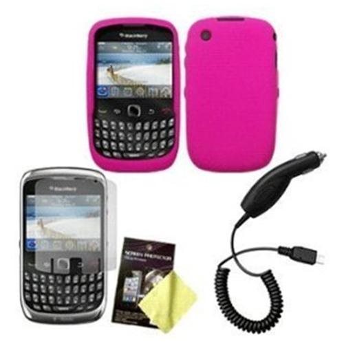 Car Charger + Hot Pink Soft Silicone Case + Screen Protector for Blackberry Curve 3G 9300 / 9330