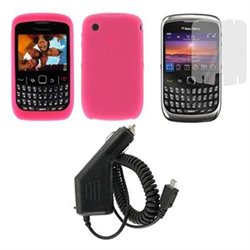 Hot Pink Silicone Skin Soft Case Cover + Screen Protector + Car Charger for BlackBerry Curve 3G 9300