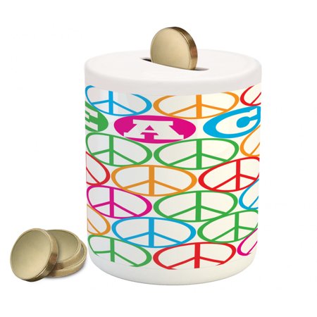 Retro Piggy Bank  Colorful Internationally Recognized Peace Sign Letters Counter Culture Print  Ceramic Coin Bank Money Box for Cash Saving  3.6  X 3.