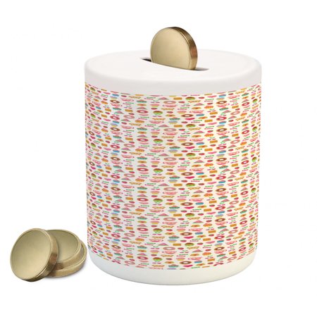 Dessert Piggy Bank  Confectionary Pattern of Pretzels and Candies on Pinky Polka Dotted Background  Ceramic Coin Bank Money Box for Cash Saving  3.6  