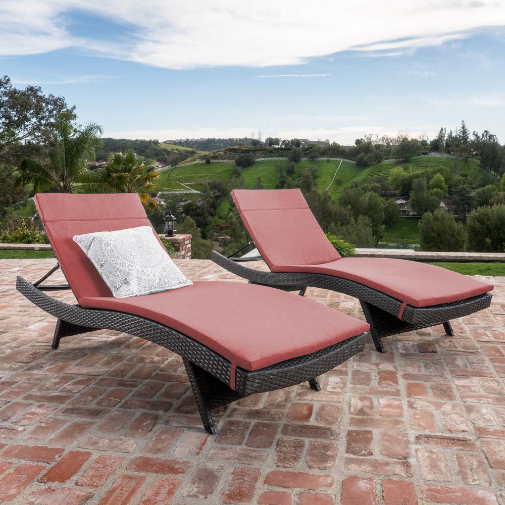 GDF Studio Olivia Outdoor Wicker Armless Adjustable Chaise Lounges with Cushion  Set of 2  Gray and Red