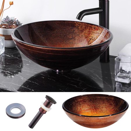 Retro Round Tempered Glass Vessel Sink P2 with ORB Mounting Ring and 1 5/8' Pop up Drain Combo Set
