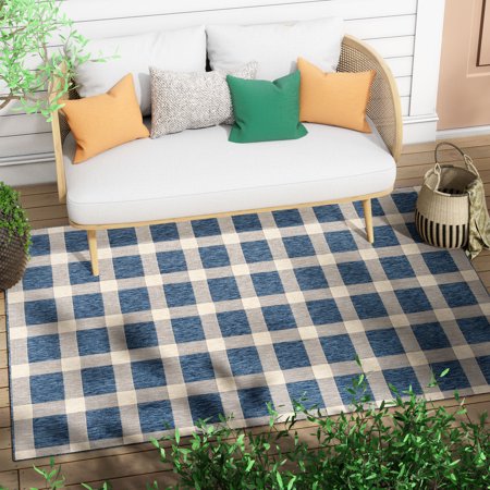 Well Woven Freja Blue & Beige Indoor/Outdoor Flat Weave Pile Buffalo Check Pattern Area Rug 8x10 (7 10  X 9 10 )