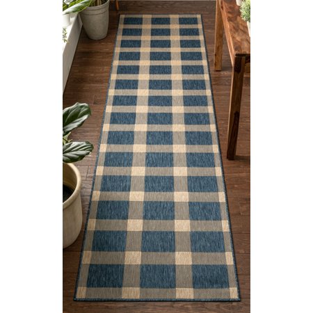 Well Woven Freja Blue & Beige Indoor/Outdoor Flat Weave Pile Buffalo Check Pattern Runner Rug 3x10 (2 7  X 9 10 )