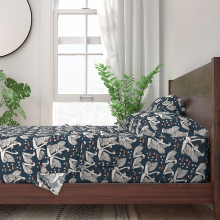 100% Cotton Sheets  King 4pc Set - Pond Geo Dark Blue Navy Swan Bird Girls Sweet Nature Birds Nursery Print Custom Bedding by Spoonflower