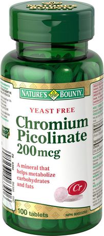 Nature's Bounty Chromium, Yeast Free, 200 Mg, Helps Maintain Normal Blood Glucose Levels, Helps to Maintain the Body's Ability to Metabolize Nutrients