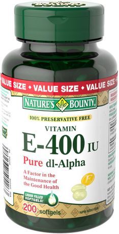 Nature's Bounty Vitamin E, 400 Iu, Antioxidant, Preservative Free, for Adults & Kids 12 and up, 200 Softgels