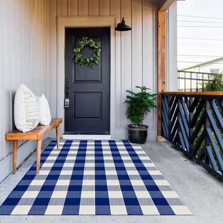 Cotton Buffalo Plaid Rug  4 X 6  Blue and White Outdoor Rug Front Door Decorative Mat  Hand-Woven Foldable Rug for Layered Door Mats Washable Carpet f