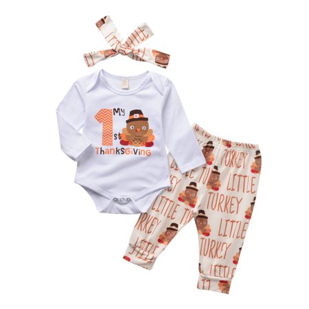 LA HIEBLA Baby S 3Pcs Romper Set  1st Thanksgiving Long Sleeve Bodysuit with Printed Long Pants and Headband