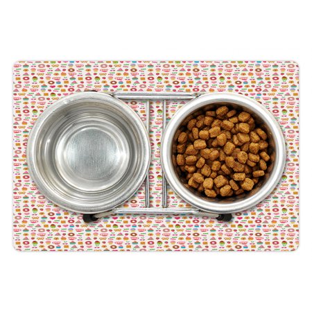 Dessert Pet Mat for Food and Water  Confectionary Pattern of Pretzels and Candies on Pinky Polka Dotted Background  Non-Slip Rubber Mat for Dogs and C