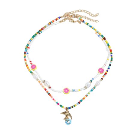 Horypt Boho Layered Flower Necklaces Y2k Colorful Beaded Choker for Girl Lock Chain Necklaces Gummy Bear Necklaces Adjustable Multilayer Chain Necklac