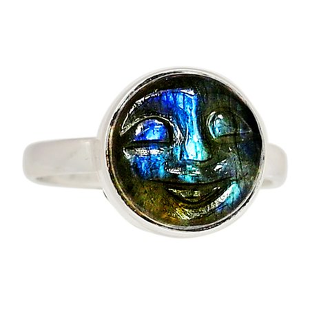 Face Carved - Labradorite 925 Sterling Silver Jewelry Ring S.8 ALLR-9657
