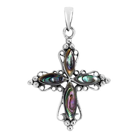 AeraVida Pretty Green Abalone Cross Filigree .925 Christian Silver Pendant for Female Adult
