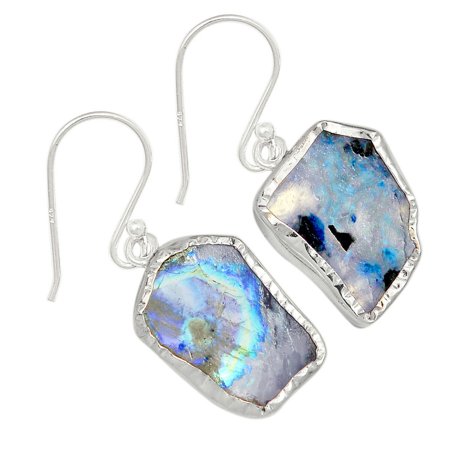 Black Tourmaline in Rainbow Moonstone Slice 925 Silver Earring Jewelry ALLE-6990