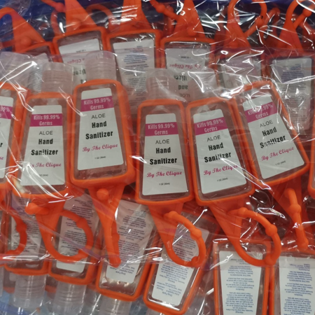 50 Bulk Pack | by the Clique Aloe Hand Sanitizer with Silicone Holders 1 Oz / 30 Ml Travel Size with Colorful Hook on Sleeves | Classroom Set | Employ