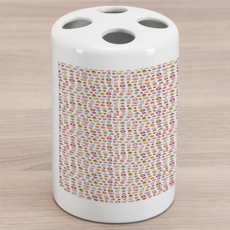 Dessert Ceramic Toothbrush Holder  Confectionary Pattern of Pretzels and Candies on Pinky Polka Dotted Background  Decorative Versatile Countertop for