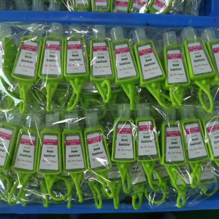 50 Bulk Pack | by the Clique Aloe Hand Sanitizer with Silicone Holders 1 Oz / 30 Ml Travel Size with Colorful Hook on Sleeves | Classroom Set | Employ
