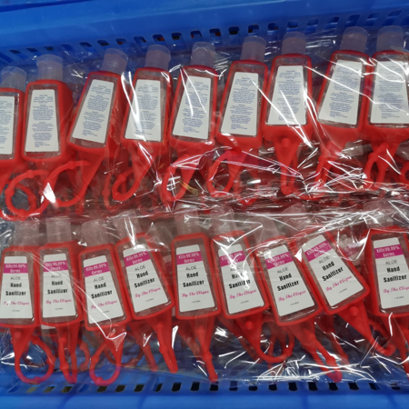 50 Bulk Pack | by the Clique Aloe Hand Sanitizer with Silicone Holders 1 Oz / 30 Ml Travel Size with Colorful Hook on Sleeves | Classroom Set | Employ