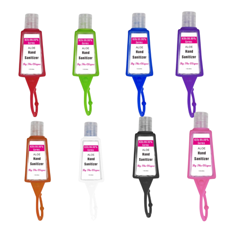 50 Bulk Pack | by the Clique Aloe Hand Sanitizer with Silicone Holders 1 Oz / 30 Ml Travel Size with Colorful Hook on Sleeves | Classroom Set | Employ