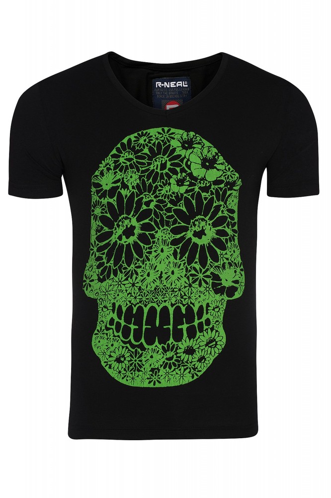 Rusty Neal Flower Skull Herren T-Shirt Schwarz R-6678