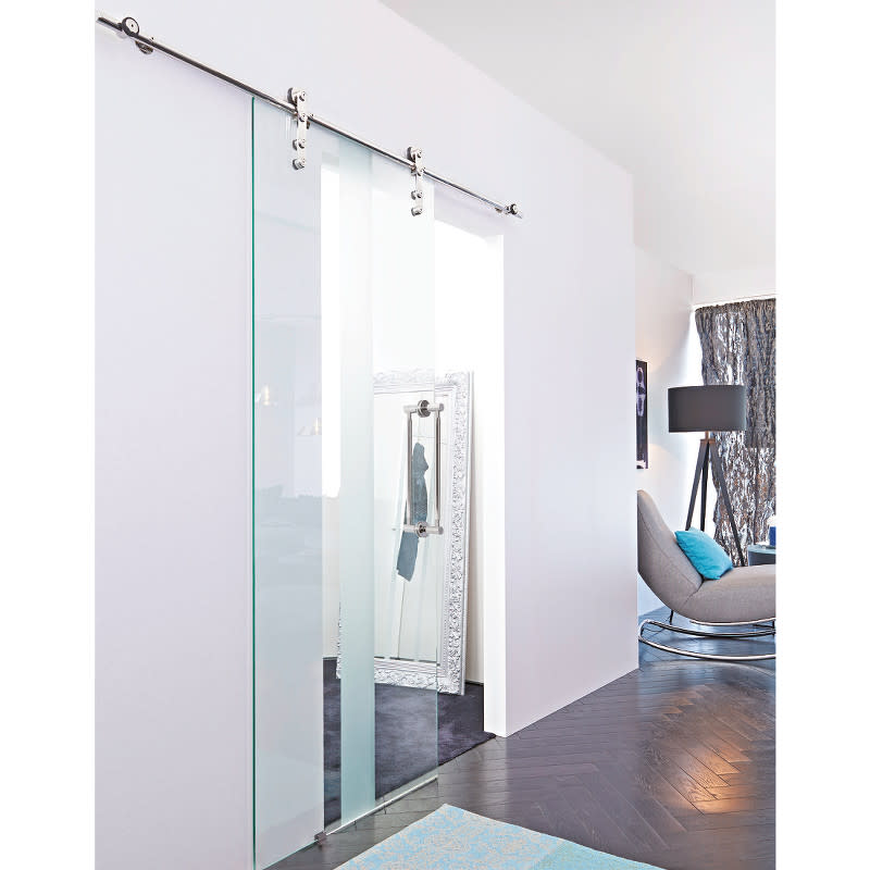 Beyerle USU94-2540 Flatec IV 100 Inch Long Glass Barn Door Fitting Set Polished Stainless Steel Sliding Door Hardware Barn Door Hardware Track and