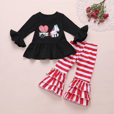 LA HIEBLA Baby Girls 2 Pieces Outfit  Flared Sleeve T-shirt Pony Print Tops + Stripe Ruffle Bell Bottom Pants Set