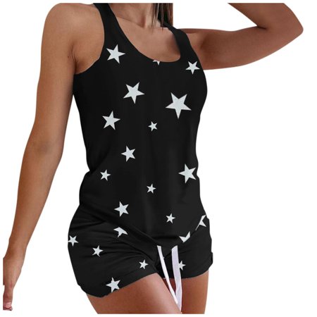 Roliyen Women Printing Sleeveless Set Casual Vest Two-Piece Suit