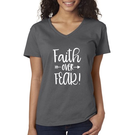 True Way 1253 - Women's V-Neck T-Shirt Faith Over Fear Script Large Charcoal