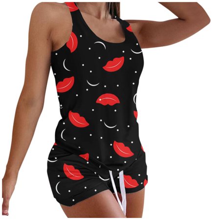 Roliyen Women Printing Sleeveless Set Casual Vest Two-Piece Suit