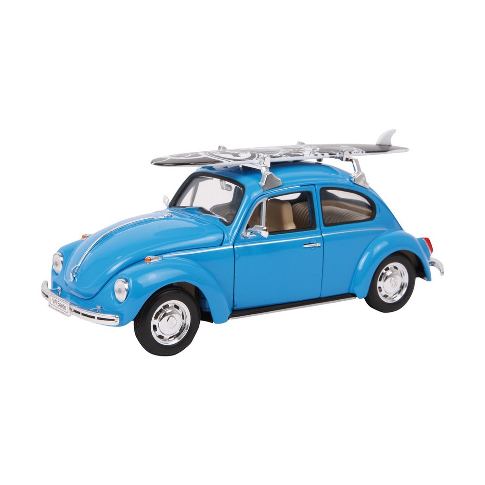 Modellauto VW Beetle in Blau, Mit Surfbrett Und Rückzugautomatik