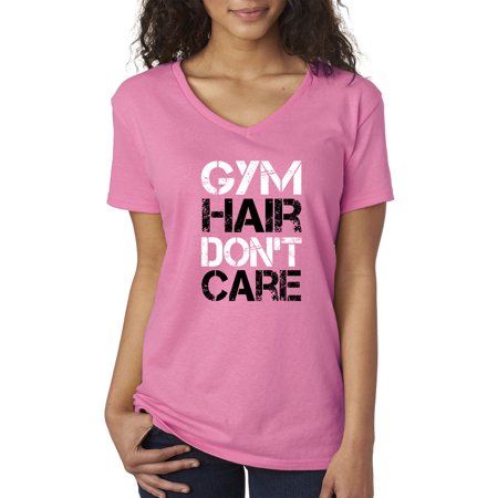 True Way 1455 - Women S V-Neck T-Shirt Gym Hair Don T Care Workout Exercise Fitness Health Small Azalea Pink