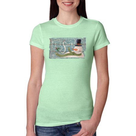 Let It Snow Green Scarf Snowman Christmas Womens Slim Fit Junior Tee  Mint  2XL