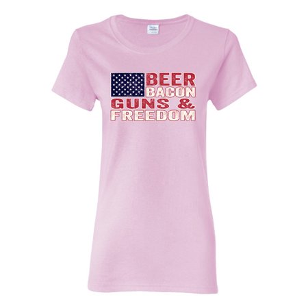 Wild Bobby Beer Bacon & Freedom Americana/American Pride Women Graphic Tee  Light Pink  XX-Large