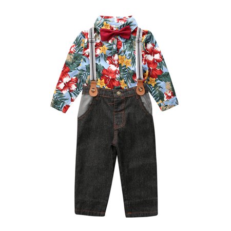 LA HIEBLA Baby Boys Formal Gentleman Outfits Long Sleeve Floral Shirt Solid Suspender Pants 2Pcs Clothes Set