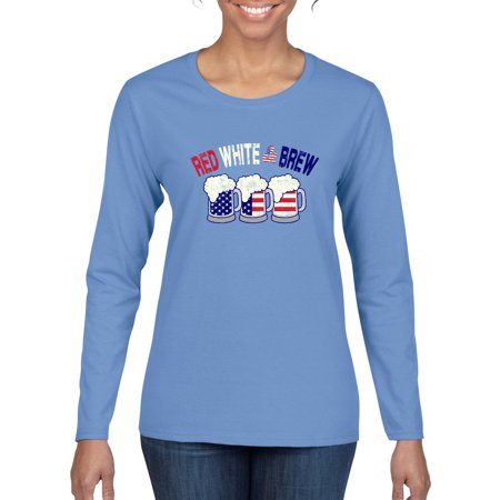 Wild Bobby  July 4th Beer Party Red White and Brew USA  Americana/American Pride  Women Graphic Long Sleeve Tee  Light Blue  Large