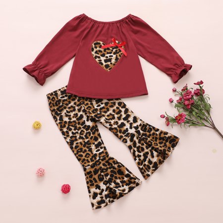 LA HIEBLA Baby Leopard Print Clothes Set  Girls Long Puff Sleeve Love Heart Tops + Elastic Waist Flared Trousers for Spring  Fall