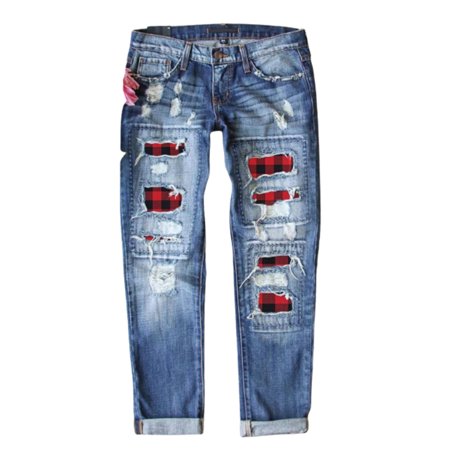 Sidefeel Women S Buffalo Plaid Print Ripped Jeans Patchwork Regular Fit Casual Denim Pants Boyfriend Jeans Sky Blue S 4-6