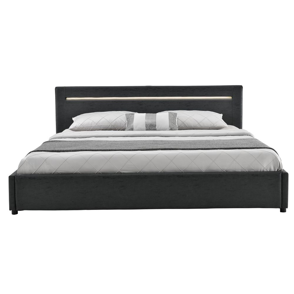 [My. Bed] LED Polsterbett Mit Kaltschaum-Matratze (H2) 140x200cm Dunkelgrau Wild-Leder-Imitat Doppelb
