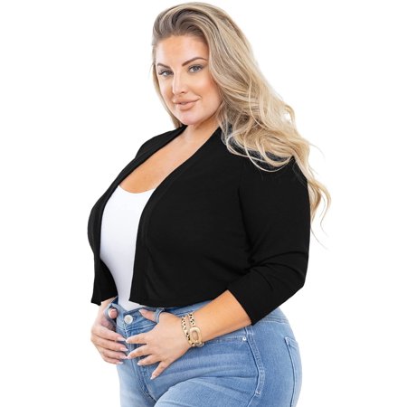 showmall women s plus size lightweight cardigan black 3x open front knit 3/4 sleeve cropped bolero shrug sweater clothes coat tops for evening dresses