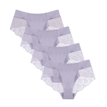 Roliyen Women Sexy Milk Silk Non-Trace Ice Silk Breathable Briefs Lace Underwear 4PC