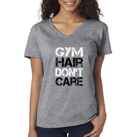 True Way 1455 - Women S V-Neck T-Shirt Gym Hair Don T Care Workout Exercise Fitness Health Large Heather Grey