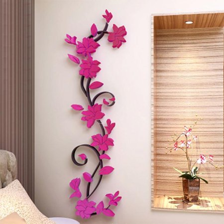 MEROTABLE 3D Flower Wall Sticker Art Mural Removable Bedroom Living Room Decoration Rose Red 24*80