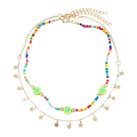 Aeihevo Boho Layered Flower Necklaces Y2k Colorful Beaded Choker for Girl Lock Chain Necklaces Gummy Bear Necklaces Adjustable Multilayer Chain Neckla