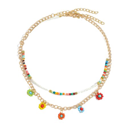 Atralife Boho Layered Flower Necklaces Y2k Colorful Beaded Choker for Girl Lock Chain Necklaces Gummy Bear Necklaces Adjustable Multilayer Chain Neckl