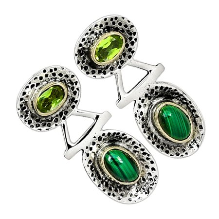 Two Tone - Malachite & Peridot 925 Sterling Silver Earrings Jewelry ALLE-6858