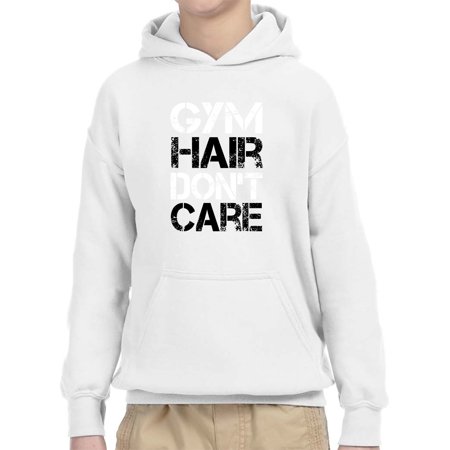 True Way 1455 - Youth Hoodie Gym Hair Don T Care Workout Exercise Fitness Health Unisex Pullover Sweatshirt Medium White