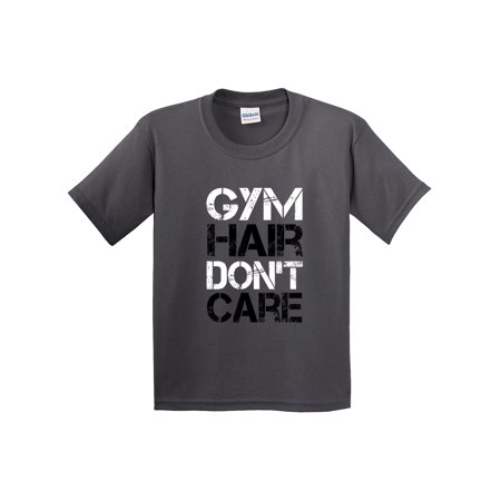 True Way 1455 - Youth T-Shirt Gym Hair Don T Care Workout Exercise Fitness Health Medium Charcoal