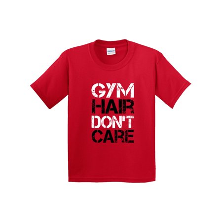 True Way 1455 - Youth T-Shirt Gym Hair Don T Care Workout Exercise Fitness Health Small Red