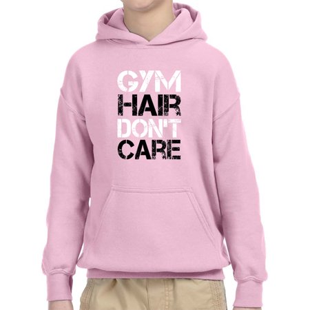 True Way 1455 - Youth Hoodie Gym Hair Don T Care Workout Exercise Fitness Health Unisex Pullover Sweatshirt XL Light Pink