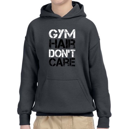 True Way 1455 - Youth Hoodie Gym Hair Don T Care Workout Exercise Fitness Health Unisex Pullover Sweatshirt Large Charcoal